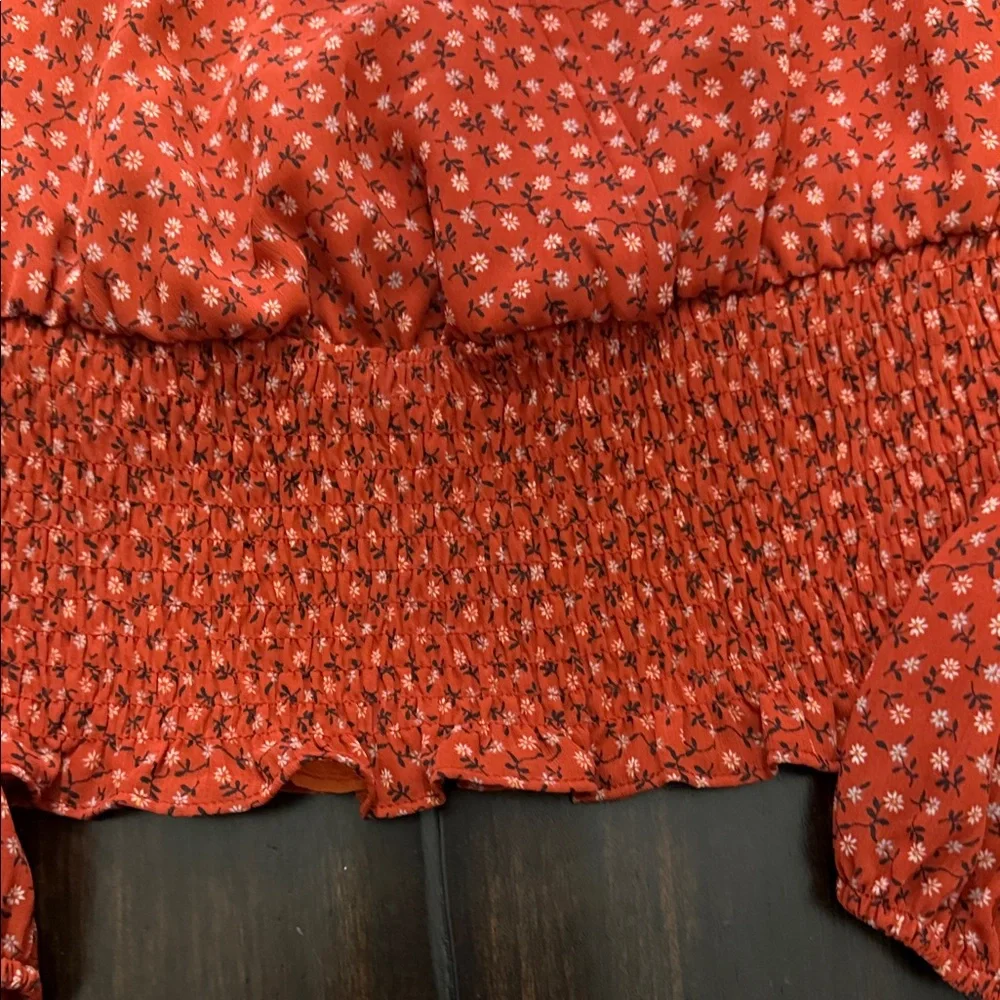Madewell Red Floral Smocked Blouse NWT